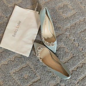 Bella Belle heels 7.5 IRIS BLUE Light Blue Kitten  2.5 inches Wedding shoe. silk